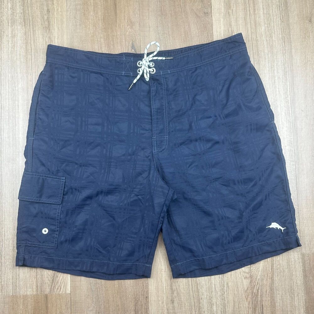Tommy Bahama Relax Men's XL Navy Blue Plaid Zip Tie Pockets Board Shorts